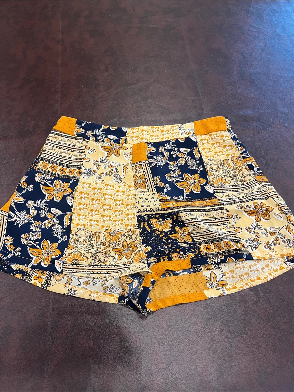 SHEIN Patchwork Floral High-Waist Shorts in Navy and Mustard